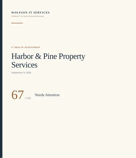 Sample IT Health Report cover for a fictional South Jersey property services business, showing an overall score of 67 and a Needs Attention rating.