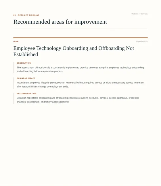 Detailed Findings page from the sample report showing a single finding's full observation, business impact, and recommendation.