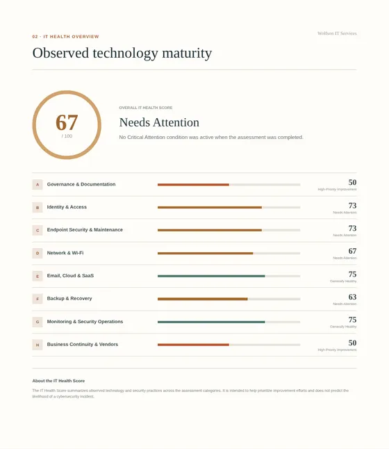 IT Health Overview page from the sample report showing an overall score of 67 out of 100 and a bar-chart breakdown of all eight category scores.