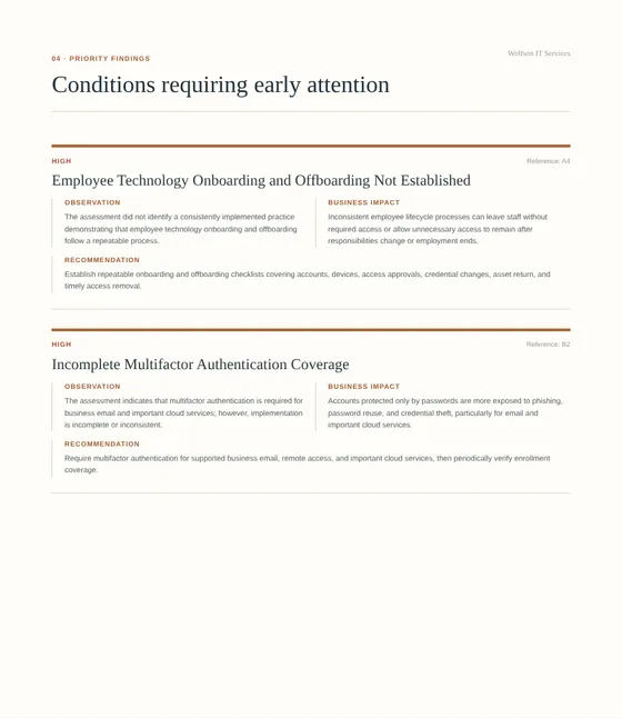 Priority Findings page from the sample report listing two high-severity findings with observation, business impact, and recommendation for each.
