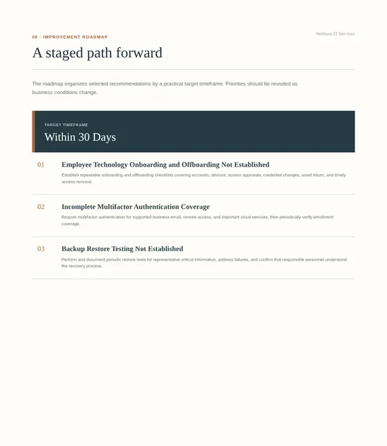 Improvement Roadmap page from the sample report showing three recommended actions grouped under a Within 30 Days timeframe.
